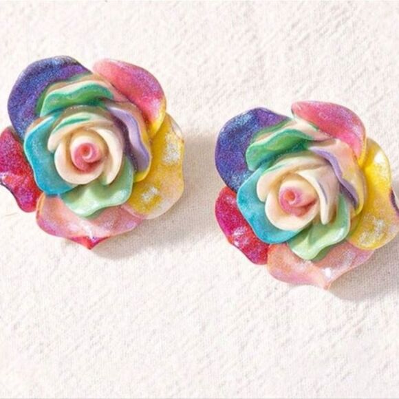 New COLORFULL ROSE stud earrings fun whimsical kawaii - Picture 7 of 9